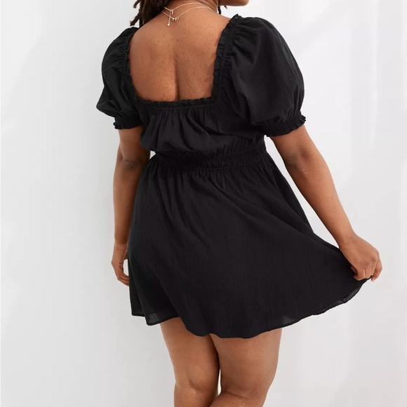 Aerie Puff Sleeve Cotton Mini Dress in True Black - Picture 3 of 9